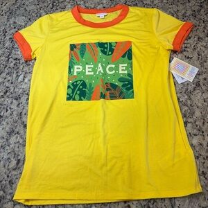 LuLaRoe Yellow Tee with Green Peace Graphic